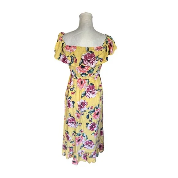 Floral Yellow Off-Shoulder Maxi Dress Ruffled Neckline Button Front Tassel - Picture 2 of 10